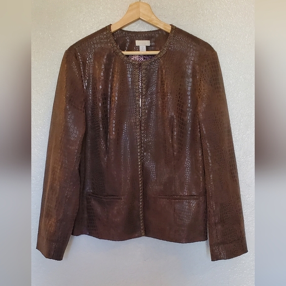 Chico's Croc Embossed Studded Beaded Reptile Faux Leather Bomber Jacket Size 12 - Picture 1 of 10